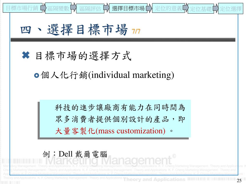 四、選擇目標市場 7/7 目標市場的選擇方式 個人化行銷(individual marketing)