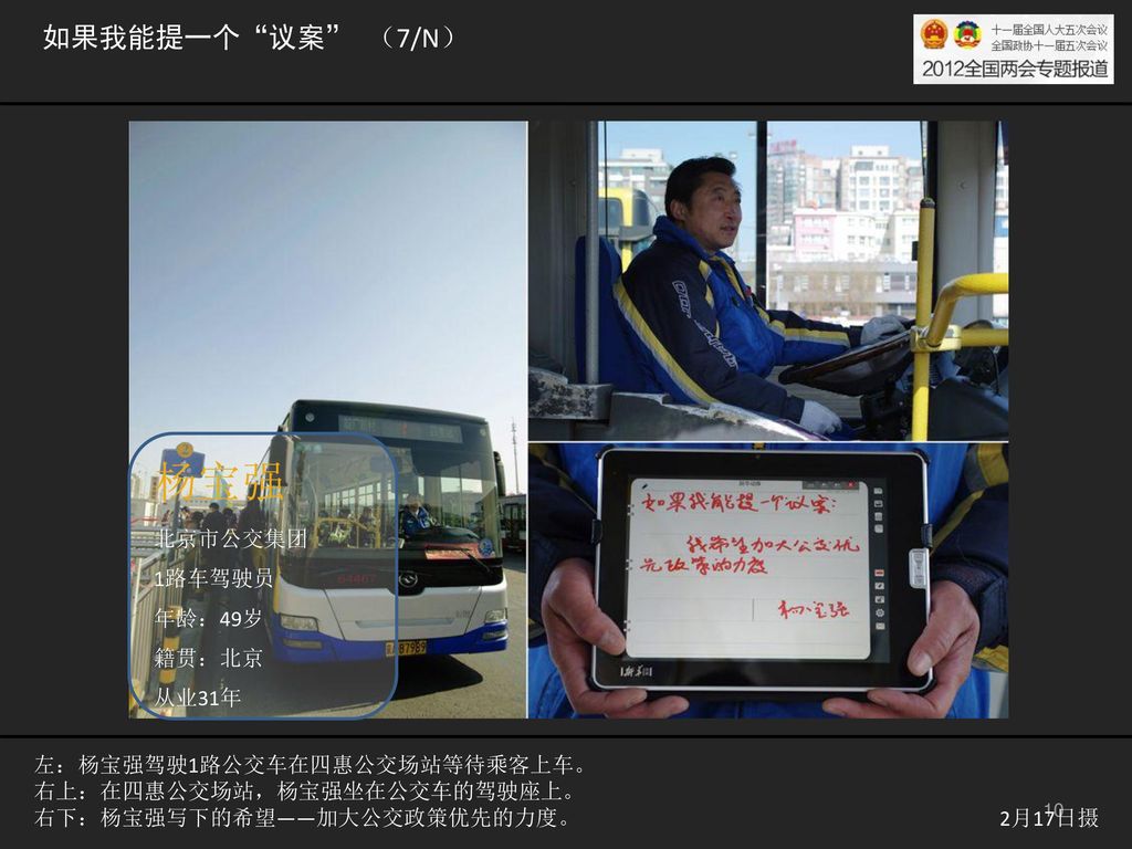 杨宝强 如果我能提一个 议案 （7/N） 北京市公交集团 1路车驾驶员 年龄：49岁 籍贯：北京 从业31年