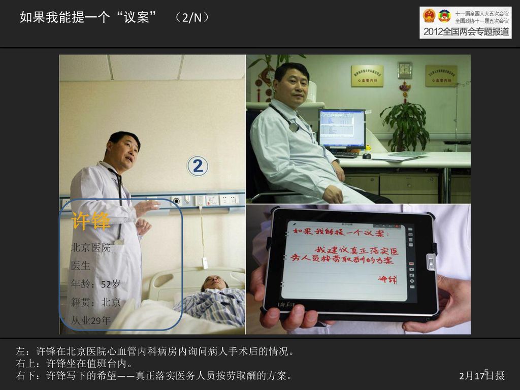 许锋 如果我能提一个 议案 （2/N） 北京医院 医生 年龄：52岁 籍贯：北京 从业29年