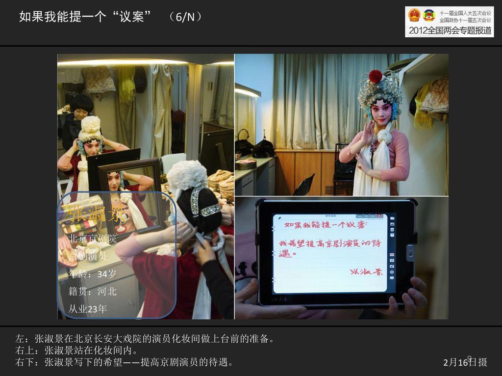张淑景 如果我能提一个 议案 （6/N） 北京京剧院 京剧演员 年龄：34岁 籍贯：河北 从业23年