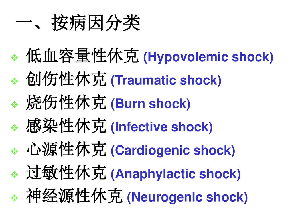 一、按病因分类 低血容量性休克 (Hypovolemic shock) 创伤性休克 (Traumatic shock)