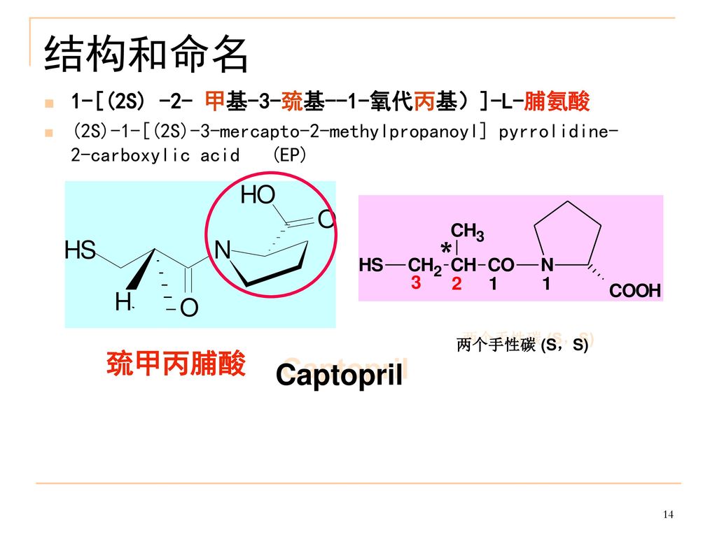 Captopril 结构和命名 巯甲丙脯酸 两个手性碳 (S，S) 1-[(2S) -2- 甲基-3-巯基--1-氧代丙基）]-L-脯氨酸