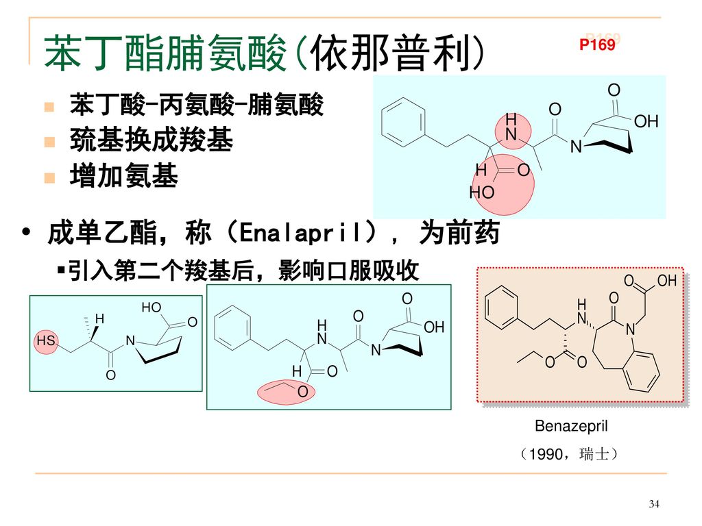 苯丁酯脯氨酸(依那普利) 成单乙酯，称（Enalapril）, 为前药 巯基换成羧基 增加氨基 苯丁酸-丙氨酸-脯氨酸 P169