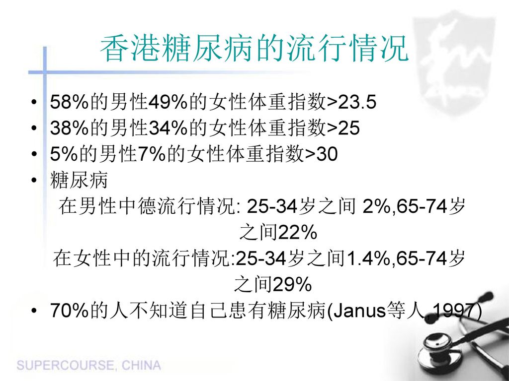 香港糖尿病的流行情况 58%的男性49%的女性体重指数> %的男性34%的女性体重指数>25