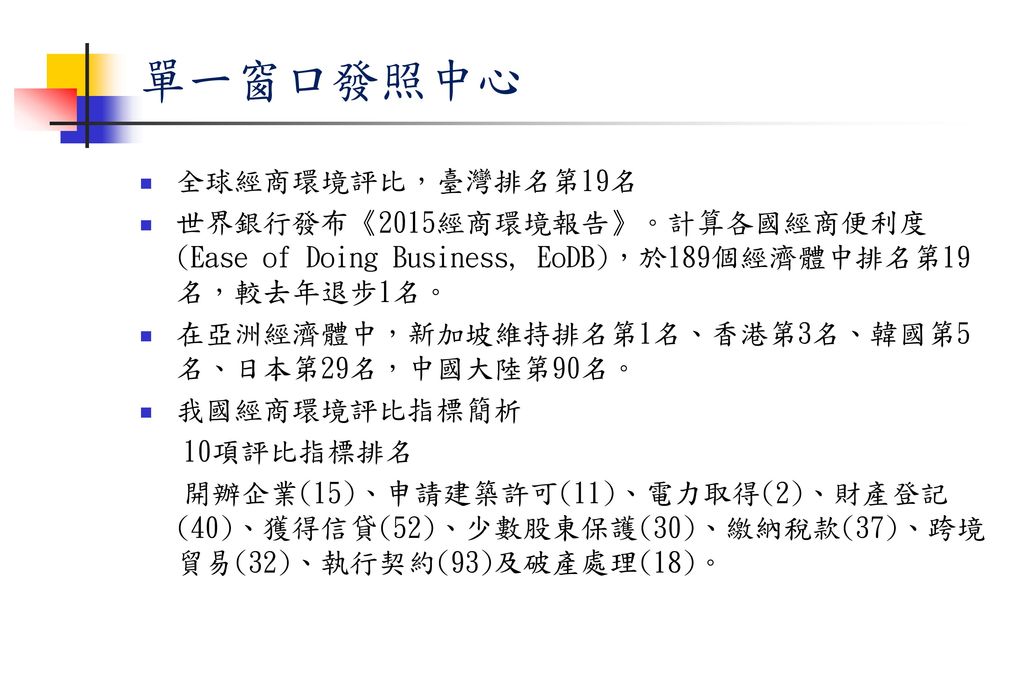 單一窗口發照中心 全球經商環境評比，臺灣排名第19名