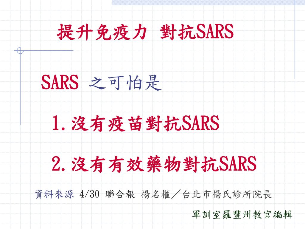 提升免疫力 對抗SARS SARS 之可怕是 1.沒有疫苗對抗SARS 2.沒有有效藥物對抗SARS