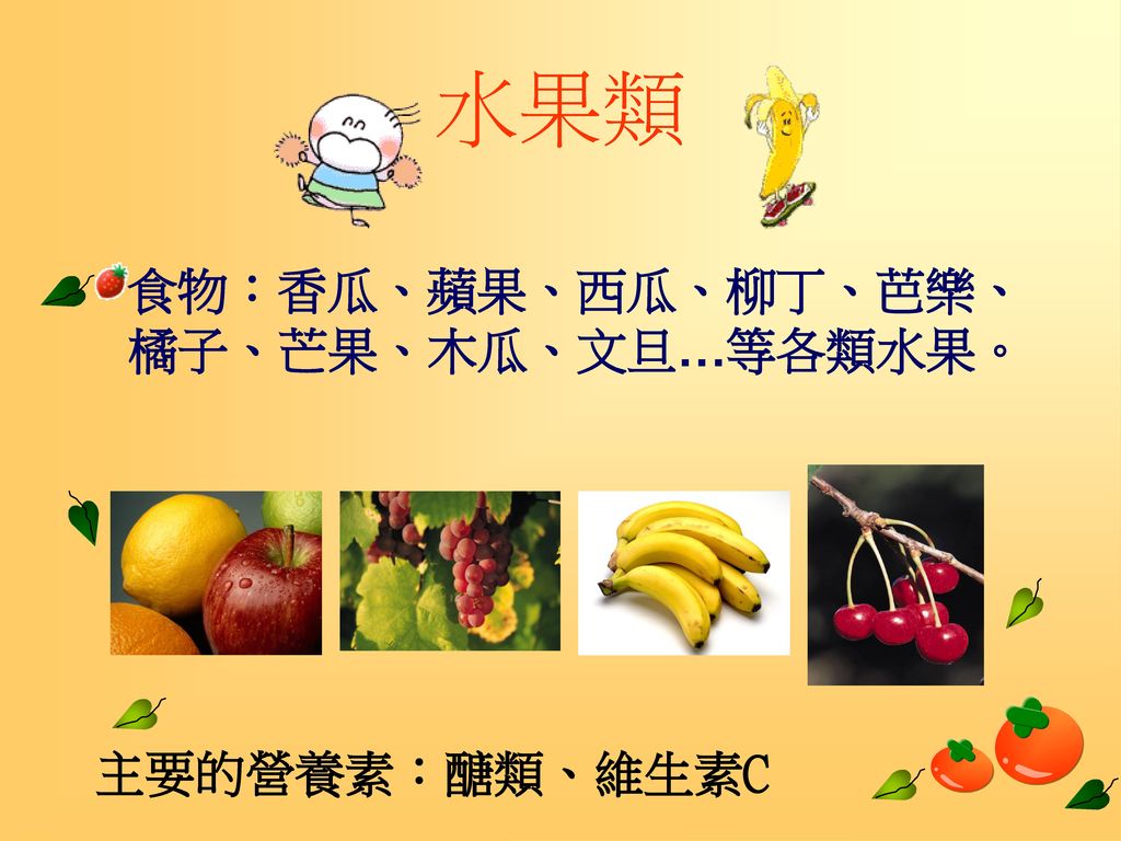 水果類 食物：香瓜、蘋果、西瓜、柳丁、芭樂、橘子、芒果、木瓜、文旦…等各類水果。 主要的營養素：醣類、維生素C