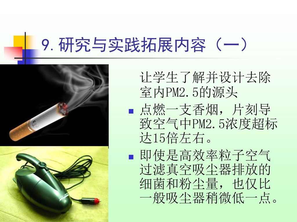 9.研究与实践拓展内容（一） 让学生了解并设计去除室内PM2.5的源头 点燃一支香烟，片刻导致空气中PM2.5浓度超标达15倍左右。