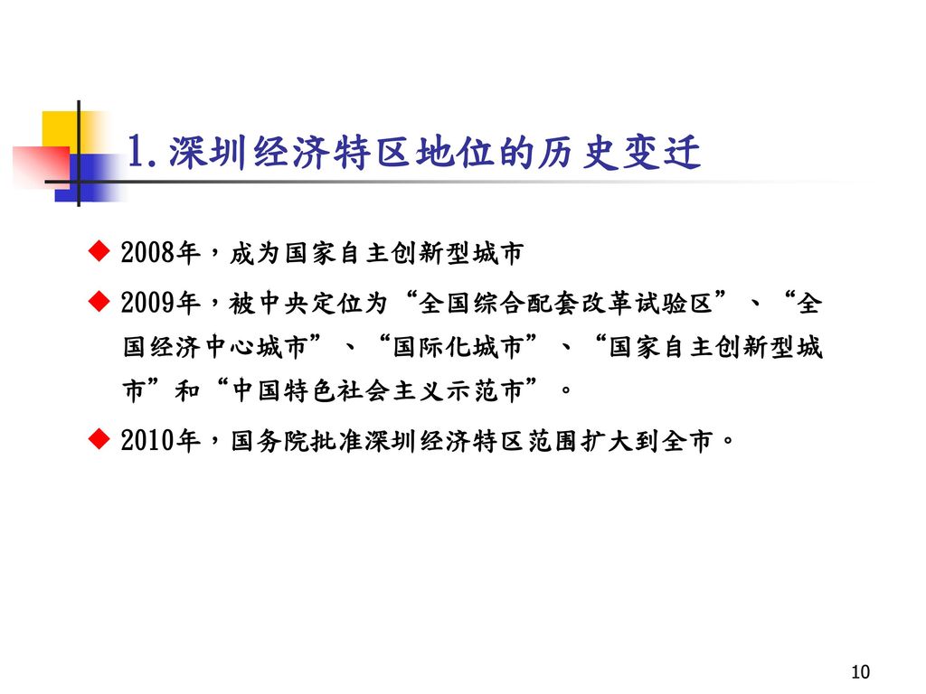1.深圳经济特区地位的历史变迁 2008年，成为国家自主创新型城市