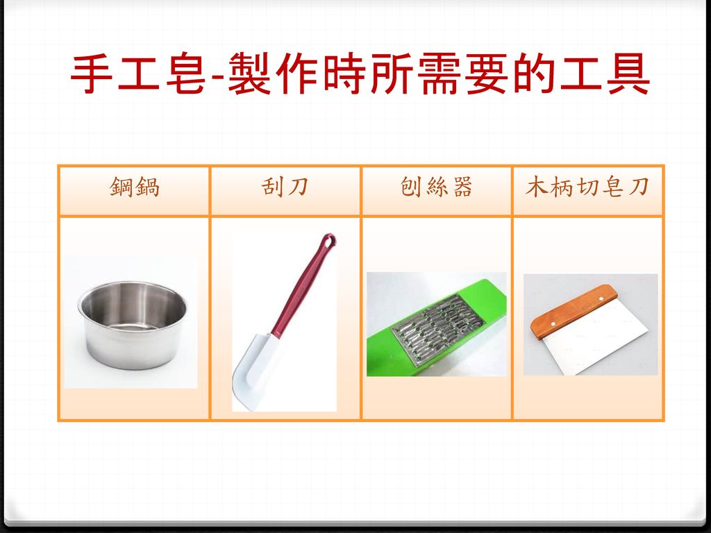 手工皂-製作時所需要的工具 鋼鍋 刮刀 刨絲器 木柄切皂刀