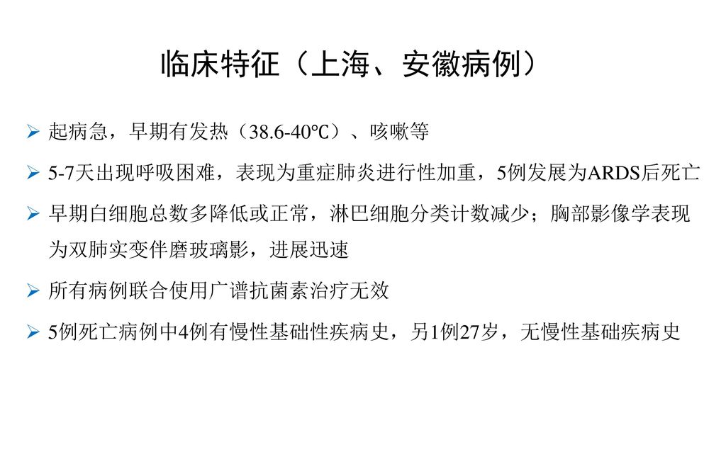 临床特征（上海、安徽病例） 起病急，早期有发热（ ℃）、咳嗽等
