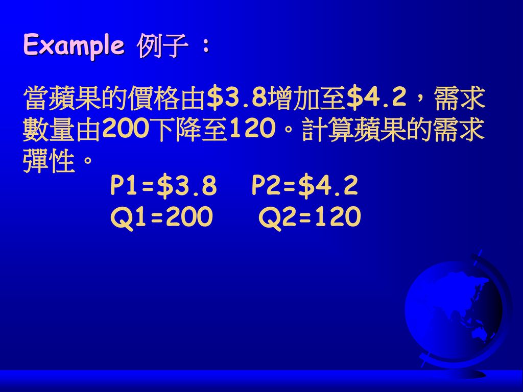 Example 例子 : 當蘋果的價格由$3.8增加至$4.2，需求數量由200下降至120。計算蘋果的需求彈性。 P1=$3.8 P2=$4.2 Q1=200 Q2=120