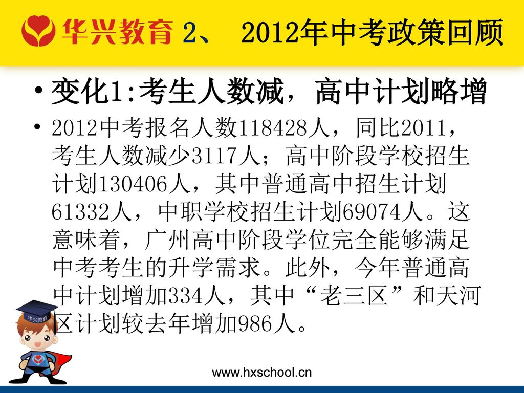 2、 2012年中考政策回顾 变化1:考生人数减，高中计划略增