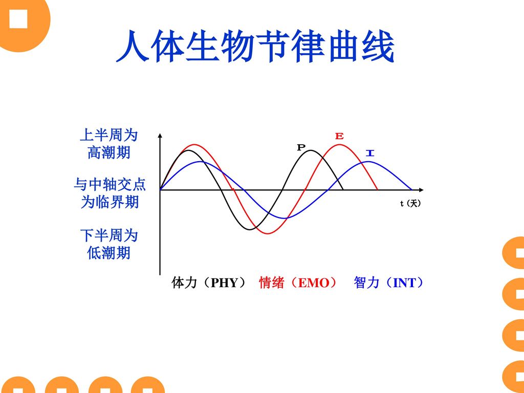人体生物节律曲线 E P I t（天） 上半周为 高潮期 与中轴交点 为临界期 下半周为 低潮期 体力（PHY） 情绪（EMO）