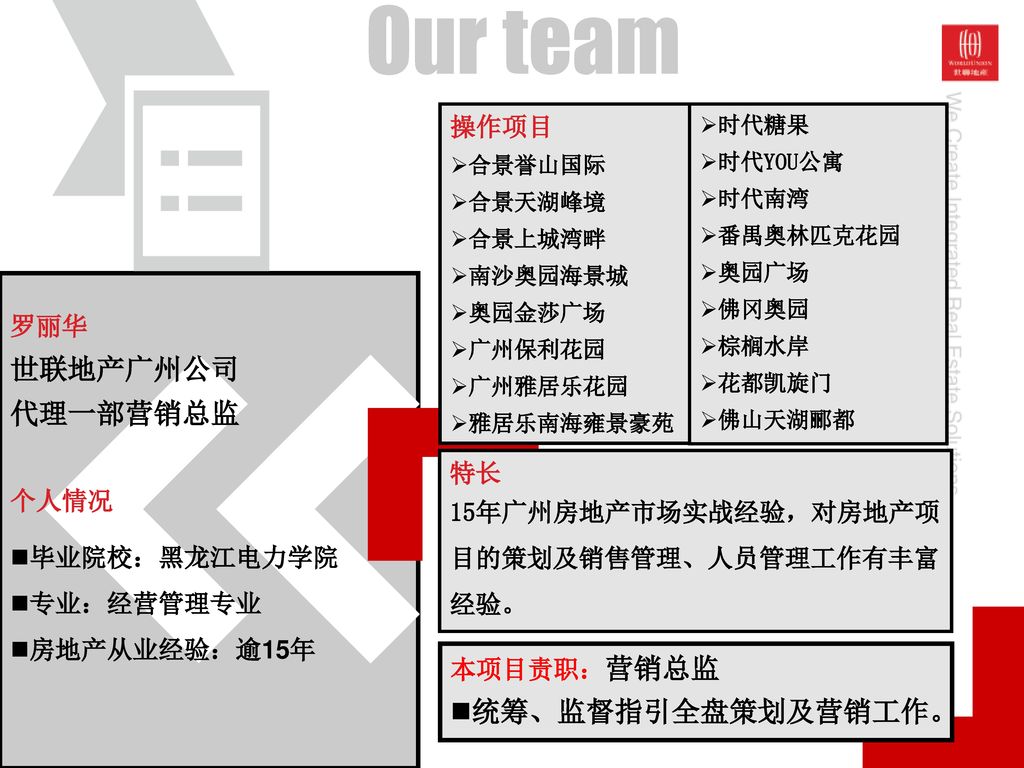 Our team 世联地产广州公司 代理一部营销总监 统筹、监督指引全盘策划及营销工作。 操作项目 罗丽华 特长