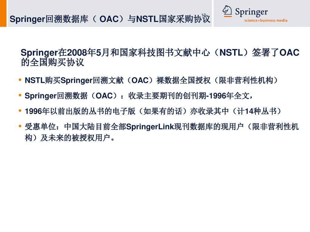 Springer在2008年5月和国家科技图书文献中心（NSTL）签署了OAC的全国购买协议