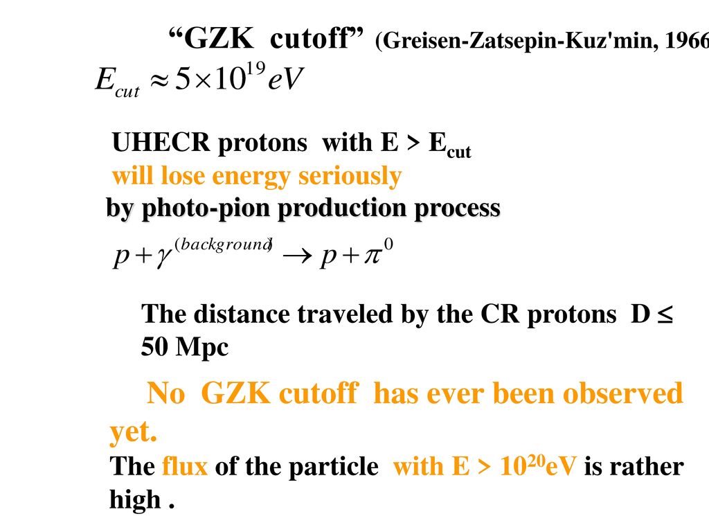 GZK cutoff (Greisen-Zatsepin-Kuz min, 1966)