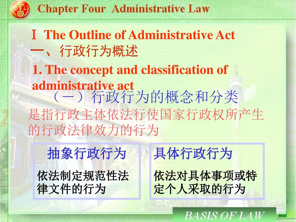 一、行政行为概述 （－）行政行为的概念和分类 Ⅰ The Outline of Administrative Act