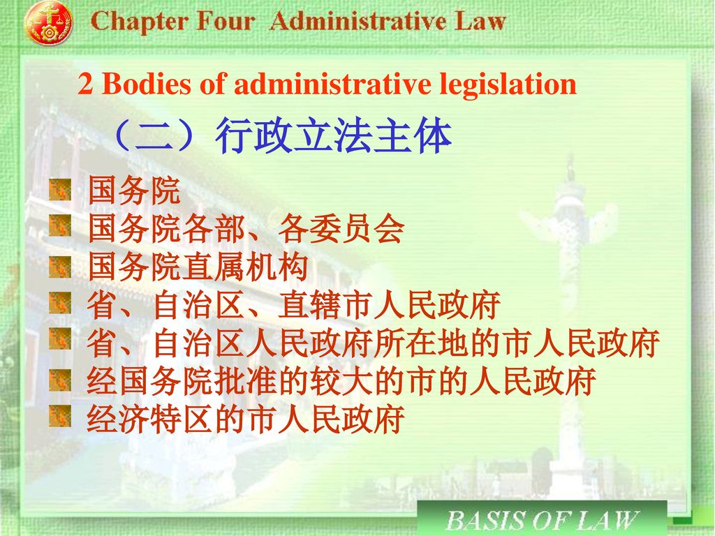（二）行政立法主体 2 Bodies of administrative legislation