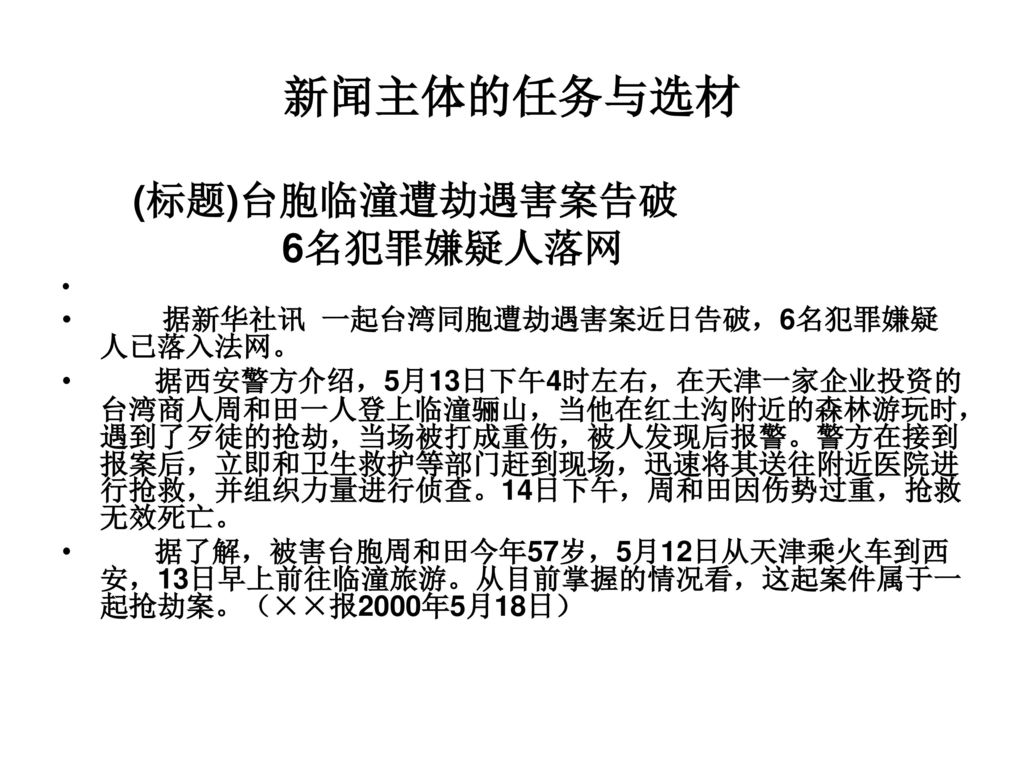 新闻主体的任务与选材 6名犯罪嫌疑人落网 据新华社讯 一起台湾同胞遭劫遇害案近日告破，6名犯罪嫌疑人已落入法网。