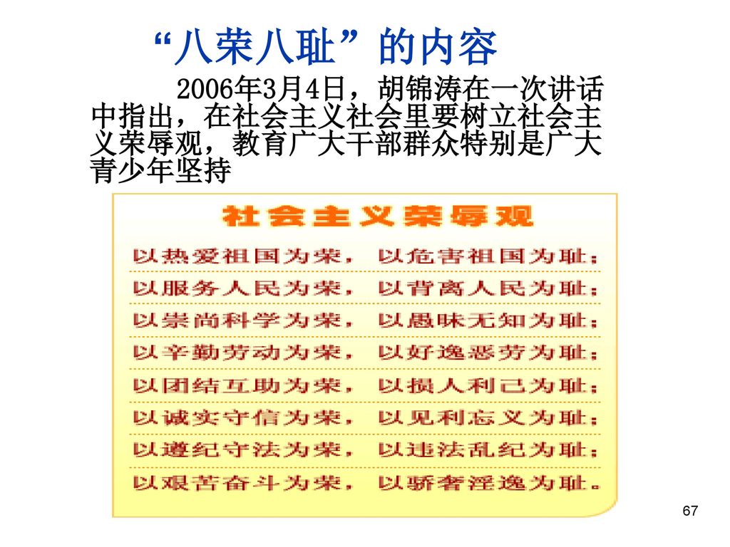 八荣八耻 的内容 2006年3月4日，胡锦涛在一次讲话中指出，在社会主义社会里要树立社会主义荣辱观，教育广大干部群众特别是广大青少年坚持