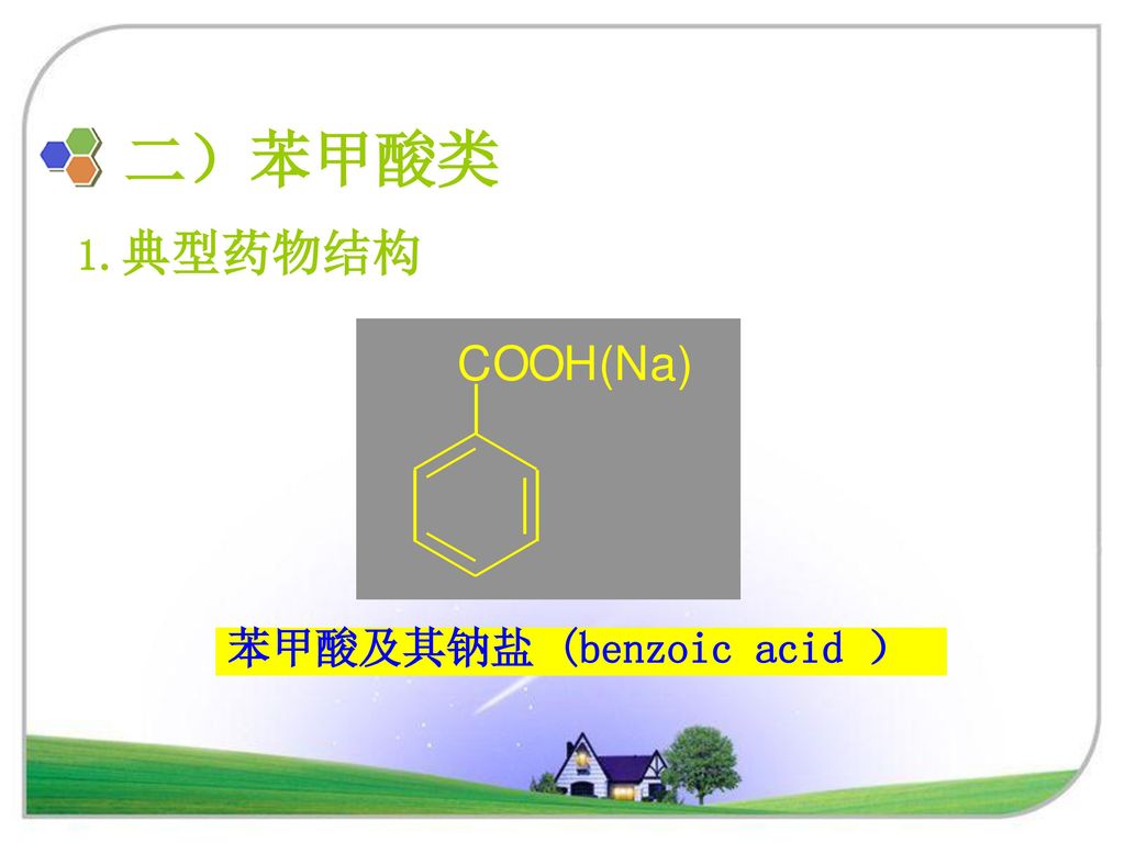 二）苯甲酸类 1.典型药物结构 苯甲酸及其钠盐 (benzoic acid ）