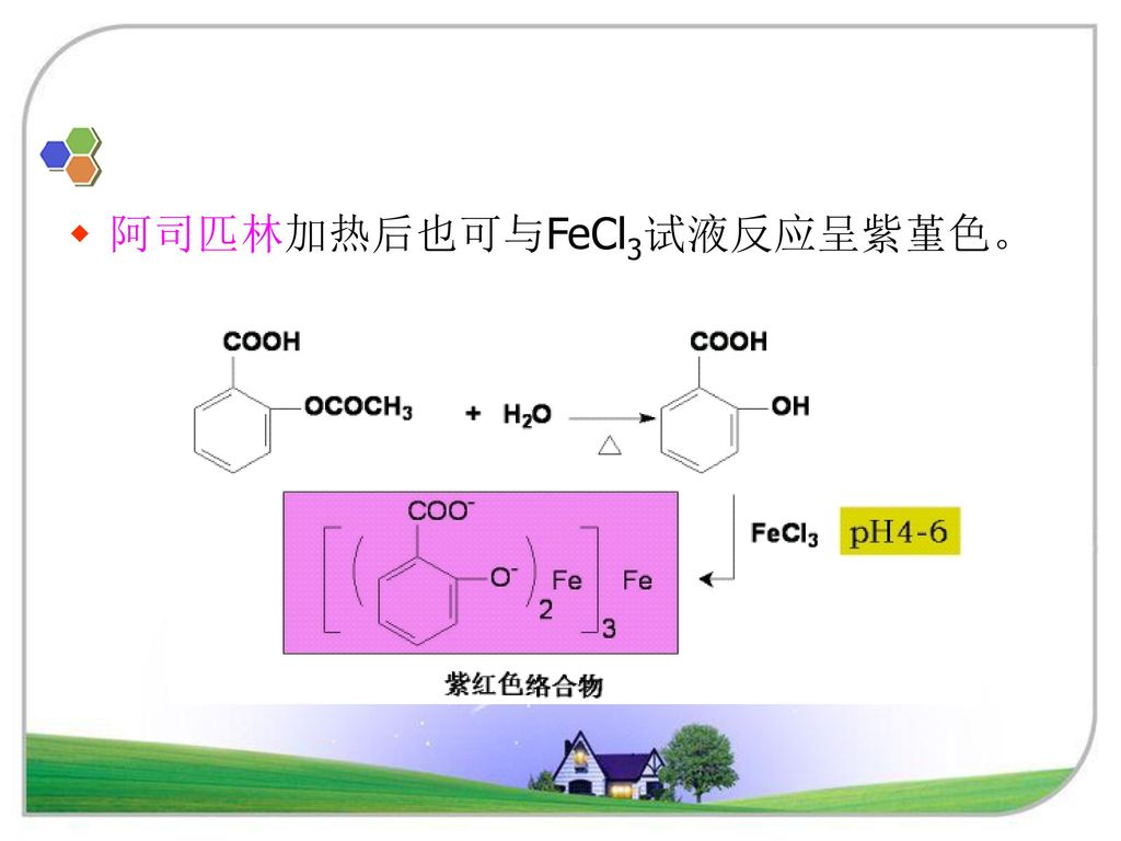 阿司匹林加热后也可与FeCl3试液反应呈紫堇色。