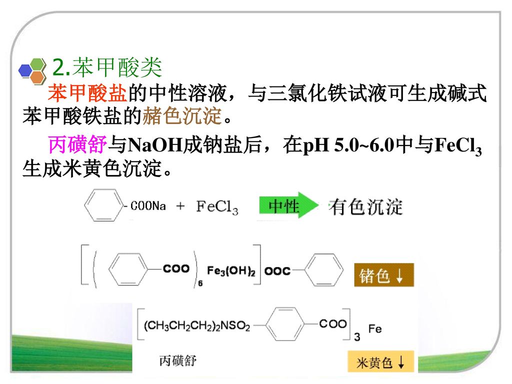 2.苯甲酸类 苯甲酸盐的中性溶液，与三氯化铁试液可生成碱式苯甲酸铁盐的赭色沉淀。