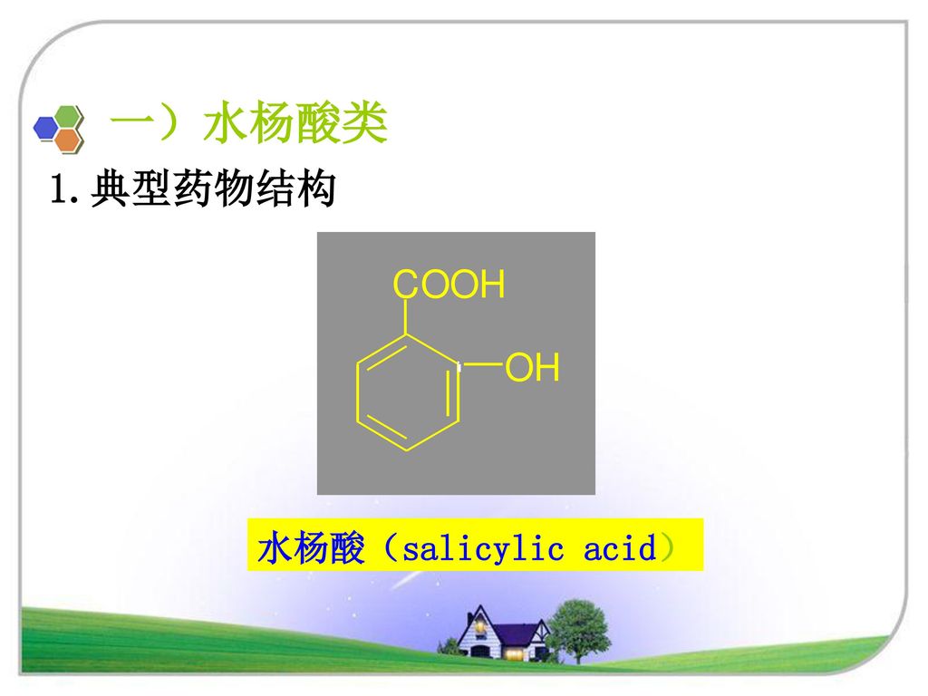 一）水杨酸类 1.典型药物结构 水杨酸（salicylic acid）