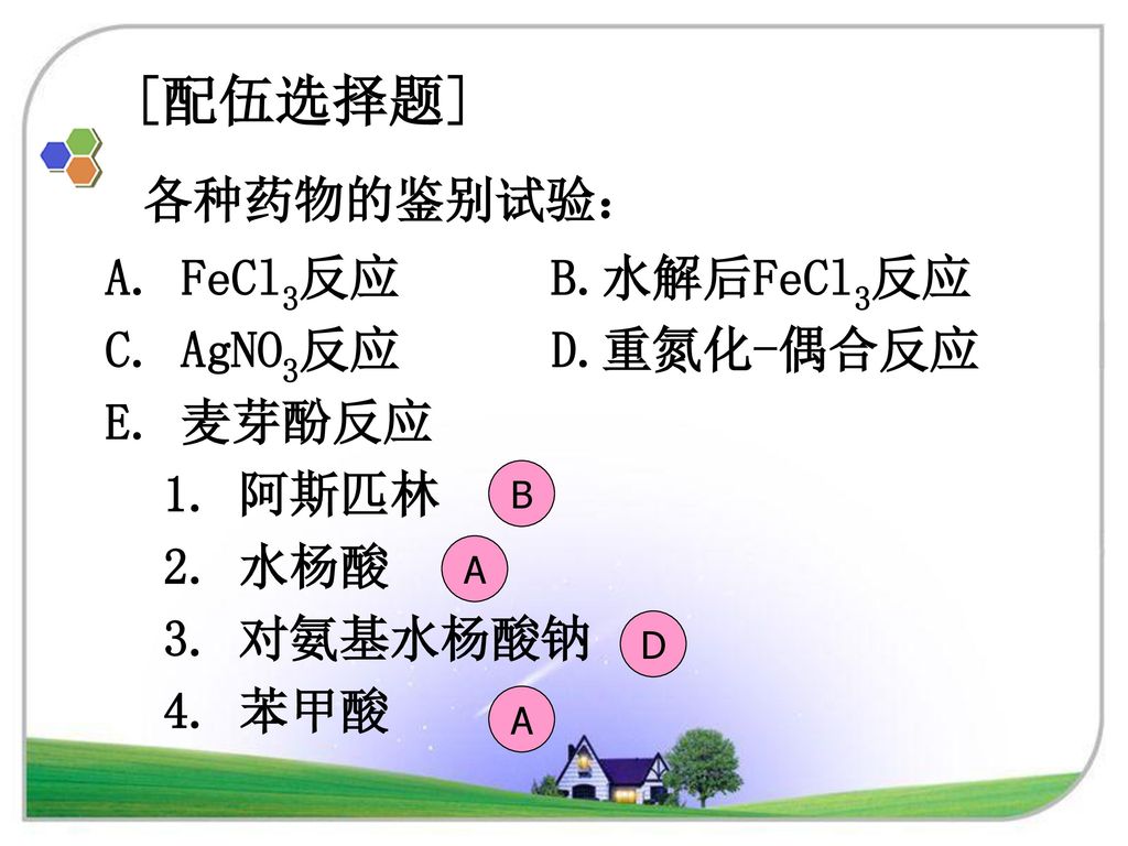 [配伍选择题] 各种药物的鉴别试验： FeCl3反应 B.水解后FeCl3反应 C. AgNO3反应 D.重氮化-偶合反应 E. 麦芽酚反应