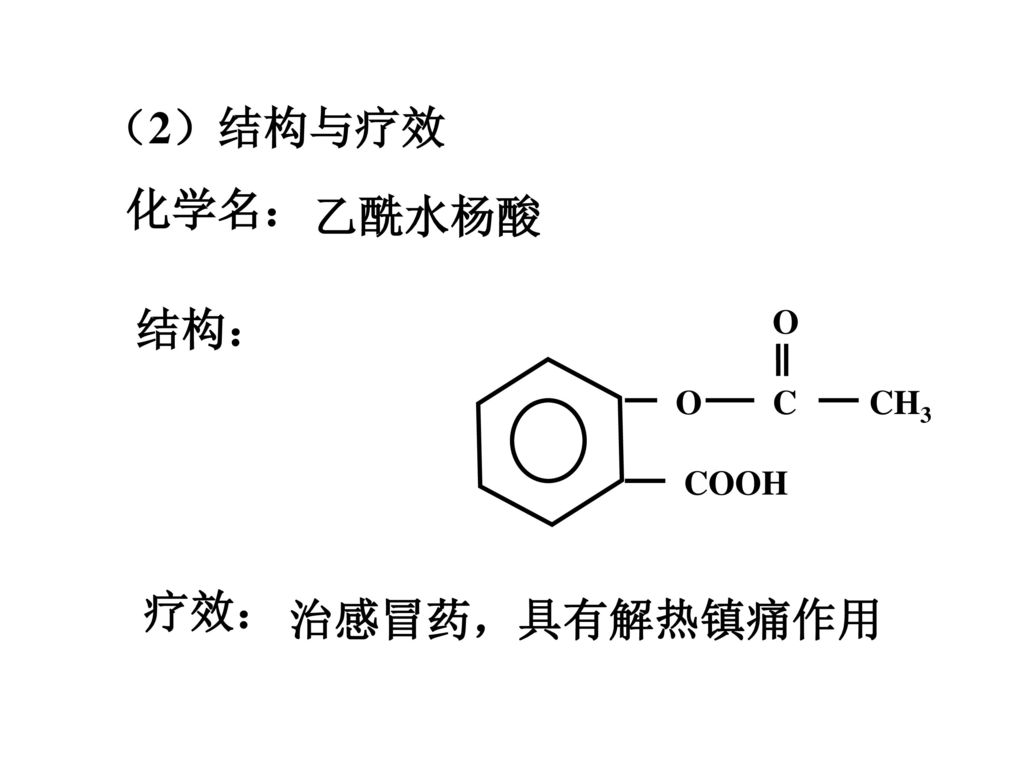 （2）结构与疗效 化学名： 乙酰水杨酸 结构： O O C CH3 COOH 疗效： 治感冒药，具有解热镇痛作用