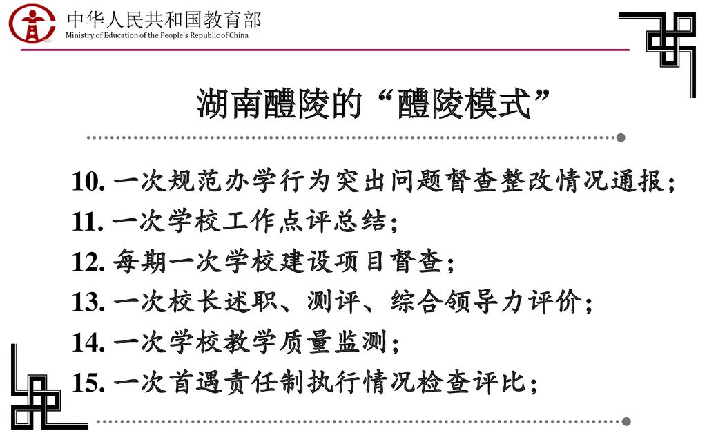 湖南醴陵的 醴陵模式 10. 一次规范办学行为突出问题督查整改情况通报； 11. 一次学校工作点评总结；