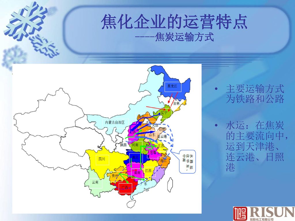 焦化企业的运营特点 ----焦炭运输方式 主要运输方式为铁路和公路 水运：在焦炭的主要流向中，运到天津港、连云港、日照港
