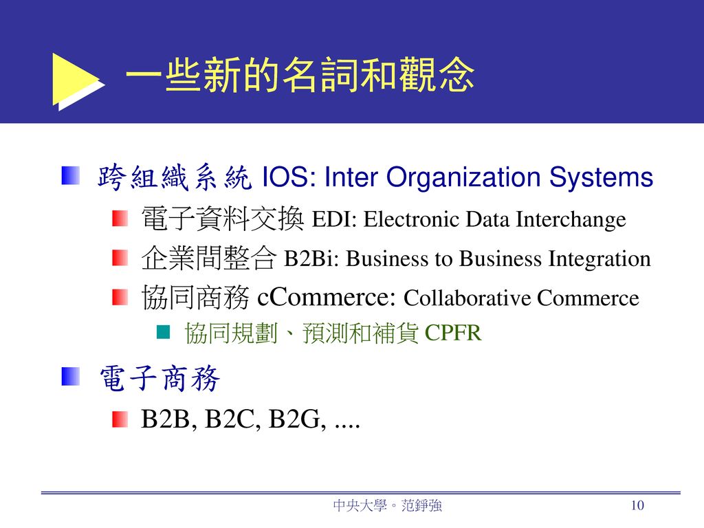一些新的名詞和觀念 跨組織系統 IOS: Inter Organization Systems 電子商務