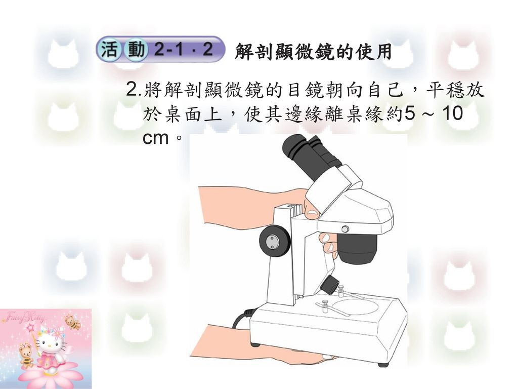 解剖顯微鏡的使用 2.將解剖顯微鏡的目鏡朝向自己，平穩放於桌面上，使其邊緣離桌緣約5 ∼ 10 cm。