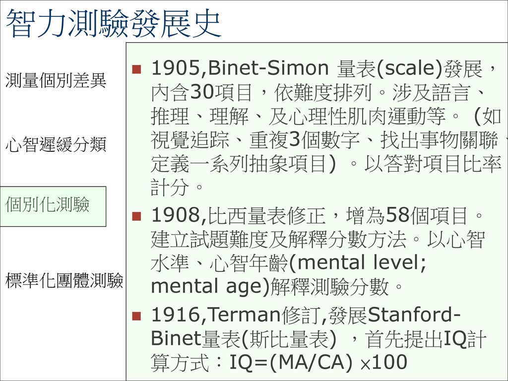 智力測驗發展史 1905,Binet-Simon 量表(scale)發展，內含30項目，依難度排列。涉及語言、推理、理解、及心理性肌肉運動等。 (如視覺追踪、重複3個數字、找出事物關聯、定義一系列抽象項目) 。以答對項目比率計分。