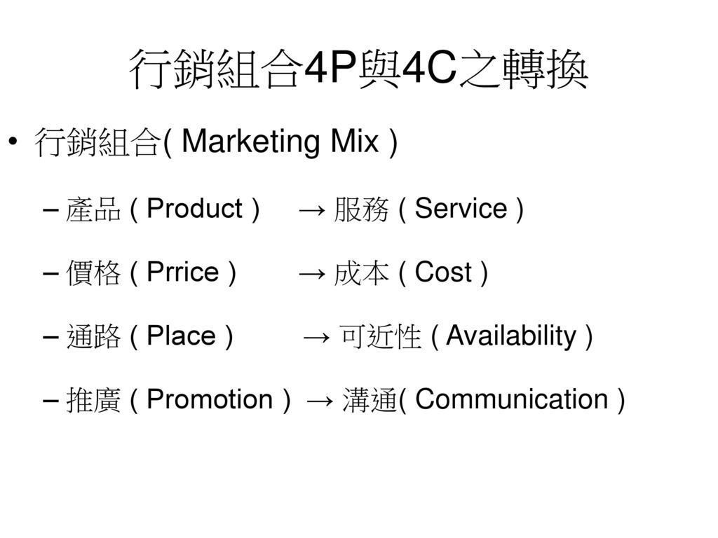 行銷組合4P與4C之轉換 行銷組合( Marketing Mix ) 產品 ( Product ) → 服務 ( Service )