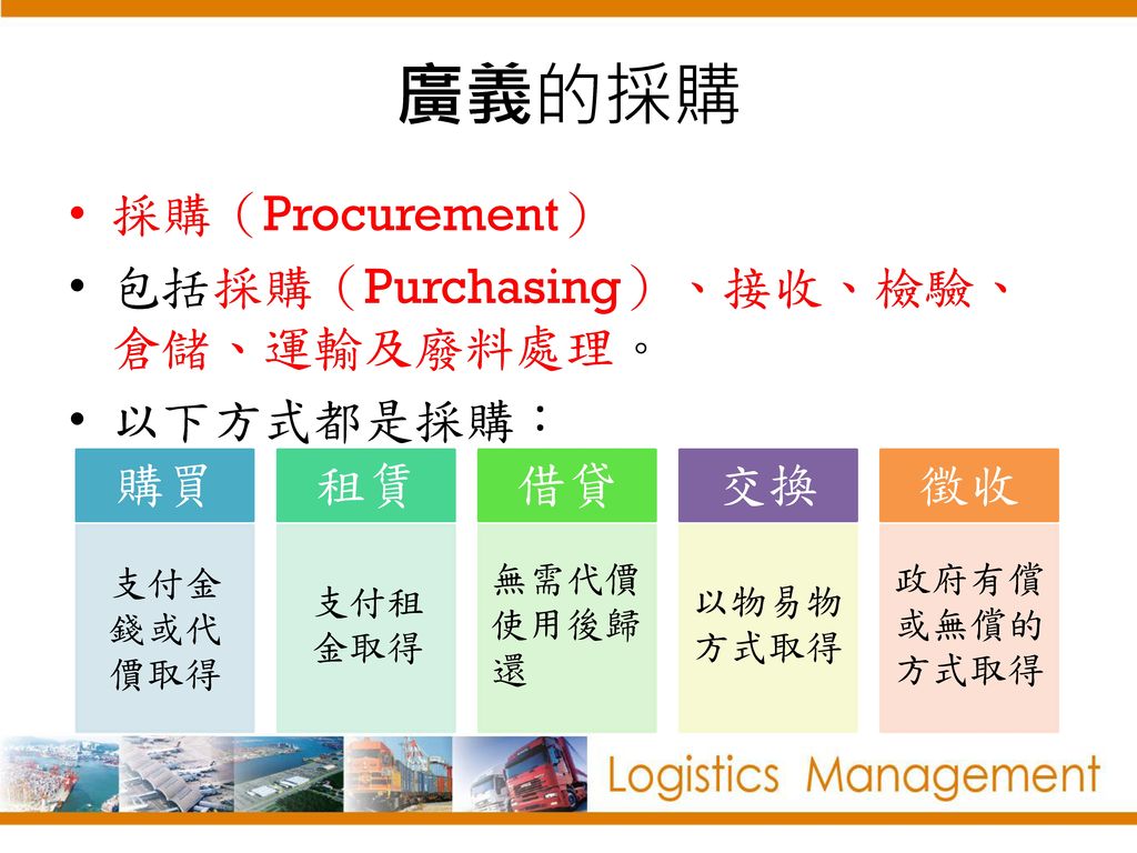 廣義的採購 採購（Procurement） 包括採購（Purchasing）、接收、檢驗、倉儲、運輸及廢料處理。 以下方式都是採購： 購買