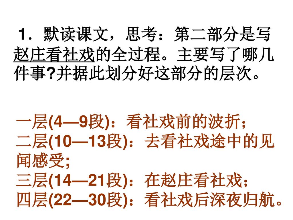 1．默读课文，思考：第二部分是写赵庄看社戏的全过程。主要写了哪几件事 并据此划分好这部分的层次。