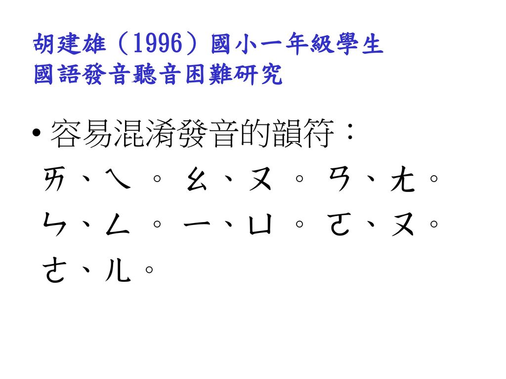 胡建雄（1996）國小一年級學生 國語發音聽音困難研究