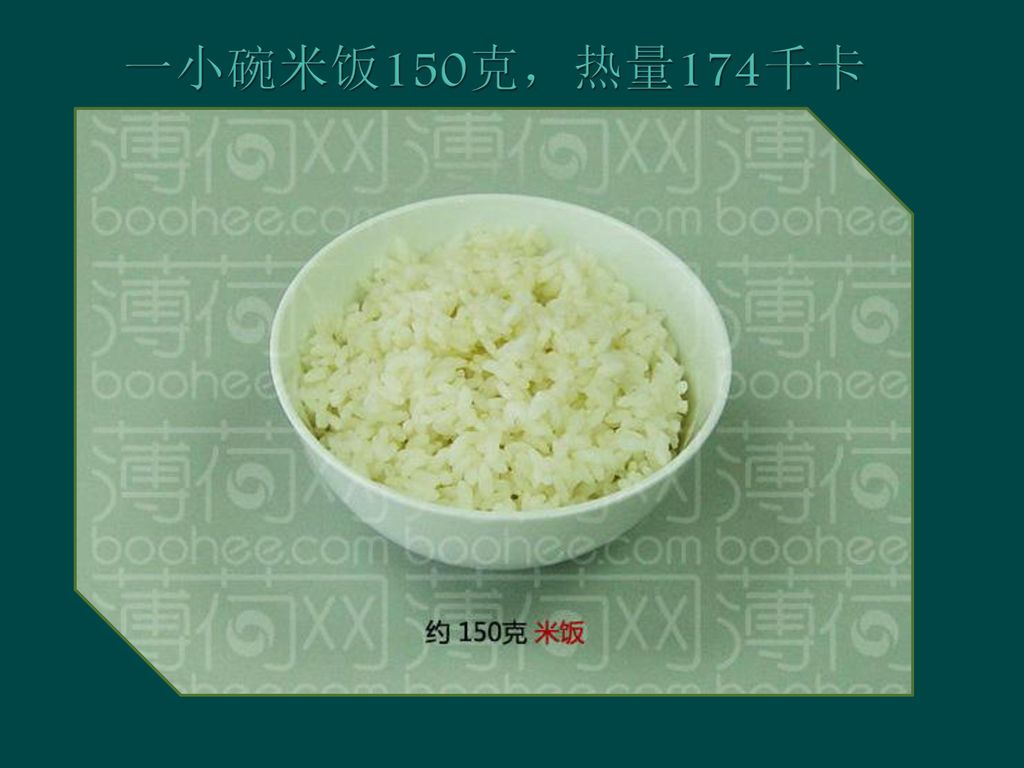 一小碗米饭150克，热量174千卡