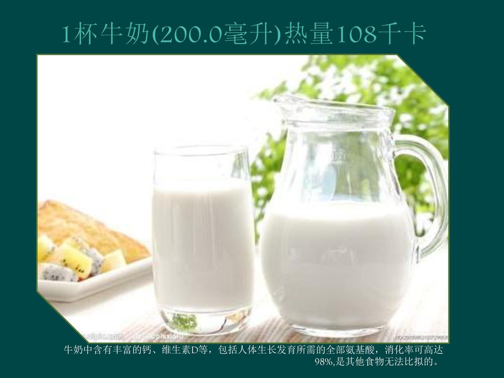 1杯牛奶(200.0毫升)热量108千卡 牛奶中含有丰富的钙、维生素D等，包括人体生长发育所需的全部氨基酸，消化率可高达98%,是其他食物无法比拟的。