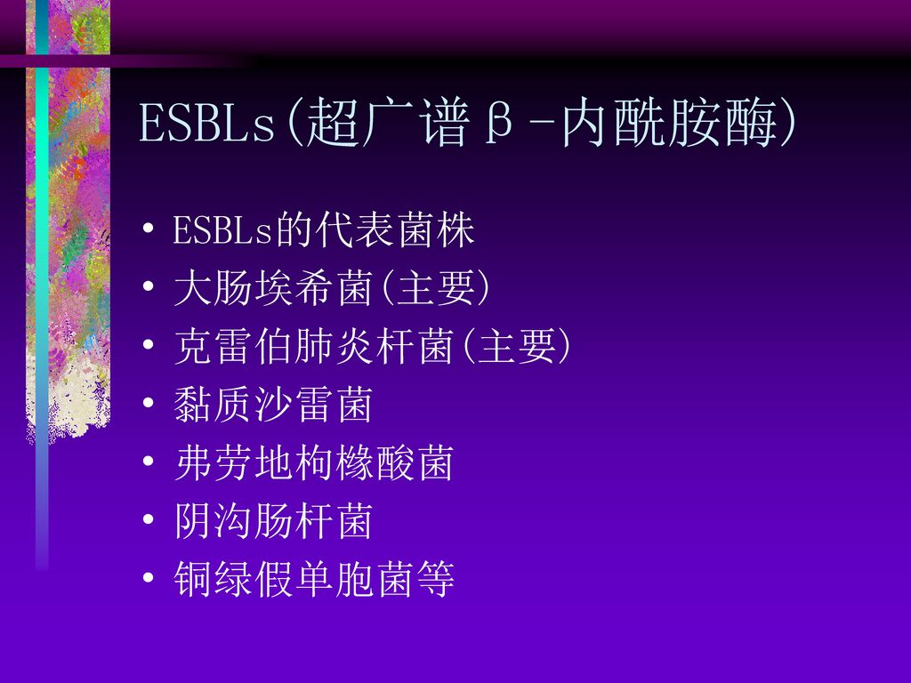 ESBLs(超广谱β-内酰胺酶) ESBLs的代表菌株 大肠埃希菌(主要) 克雷伯肺炎杆菌(主要) 黏质沙雷菌 弗劳地枸橼酸菌 阴沟肠杆菌