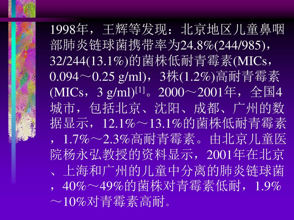 1998年，王辉等发现：北京地区儿童鼻咽部肺炎链球菌携带率为24. 8%(244/985)，32/244(13