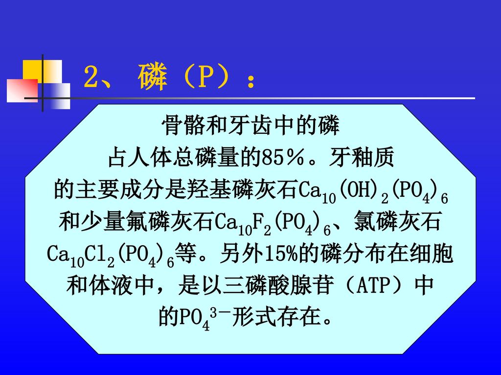 的主要成分是羟基磷灰石Ca10(OH)2(PO4)6 Ca10Cl2(PO4)6等。另外15%的磷分布在细胞