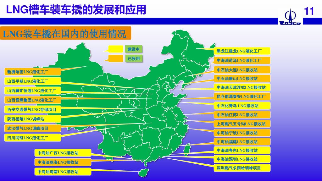 LNG装车撬在国内的使用情况 建设中 黑龙江建龙LNG液化工厂 已投用 中海油菏泽LNG液化工厂 中石油大连LNG接收站