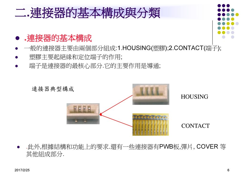 二.連接器的基本構成與分類 .連接器的基本構成 一般的連接器主要由兩個部分組成:1.HOUSING(塑膠);2.CONTACT(端子);