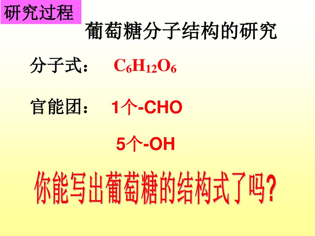 研究过程 葡萄糖分子结构的研究 分子式： C6H12O6 官能团： 1个-CHO 5个-OH 你能写出葡萄糖的结构式了吗