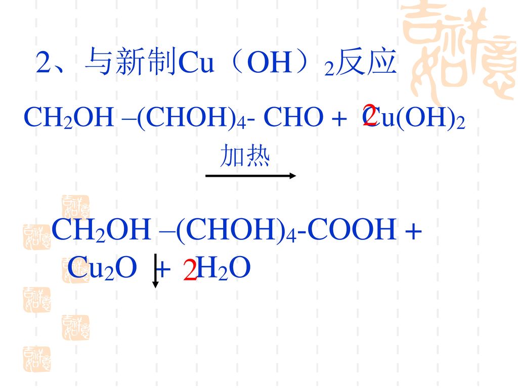 2、与新制Cu（OH）2反应 2 CH2OH –(CHOH)4-COOH + Cu2O + H2O 2