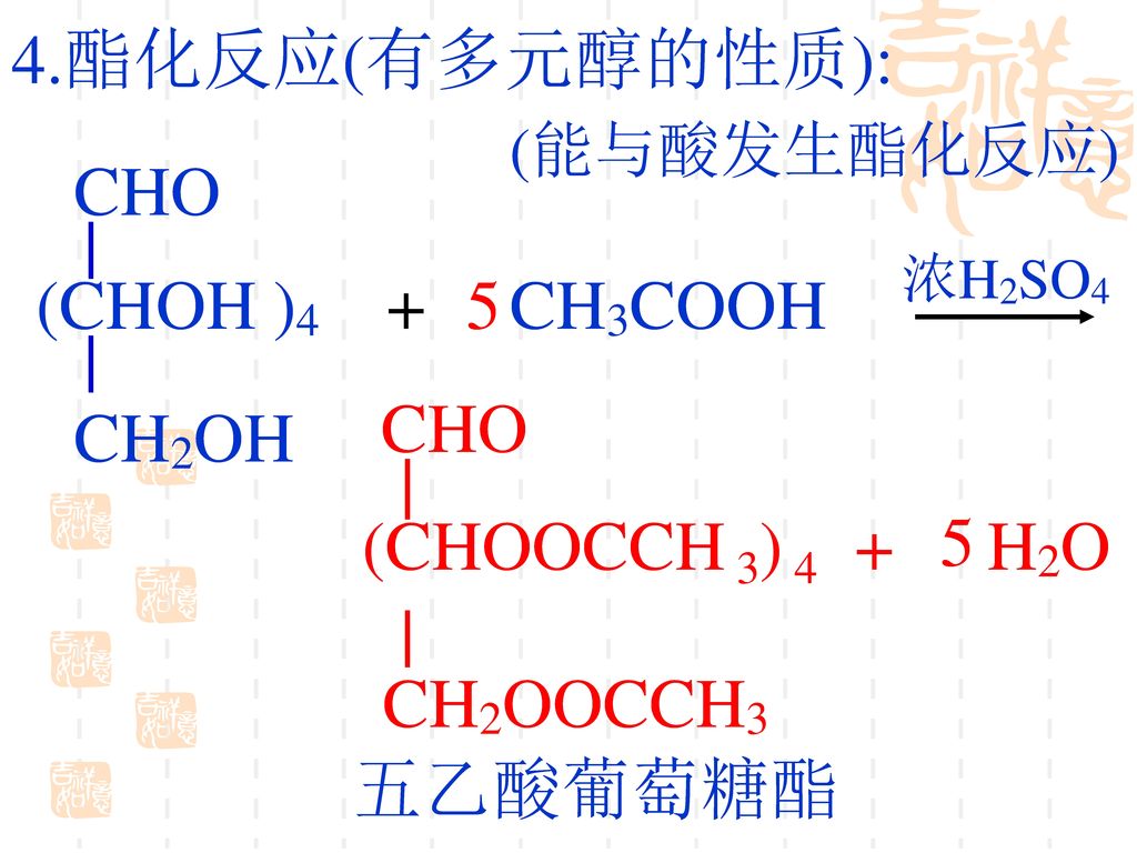 4.酯化反应(有多元醇的性质): + CH3COOH CHO (CHOH )4 CH2OH 5 + CHO (CHOOCCH 3) 4